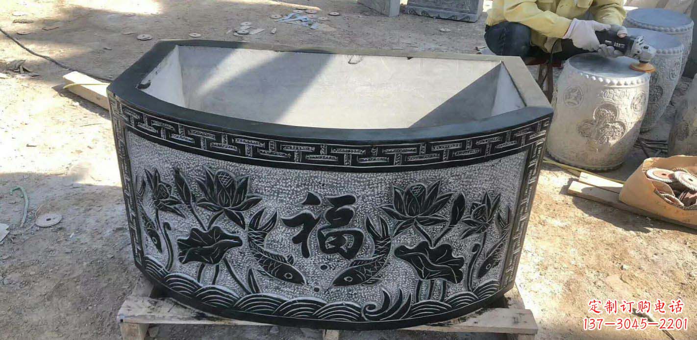 龙岩精致方口石浮雕水缸雕塑