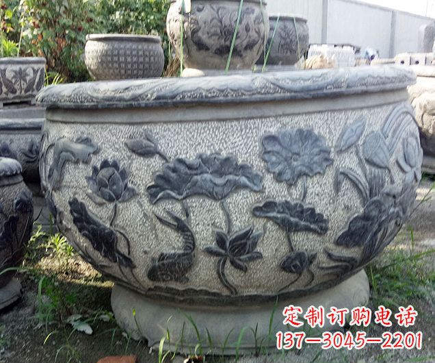 龙岩中领雕塑仿古荷花石浮雕水缸