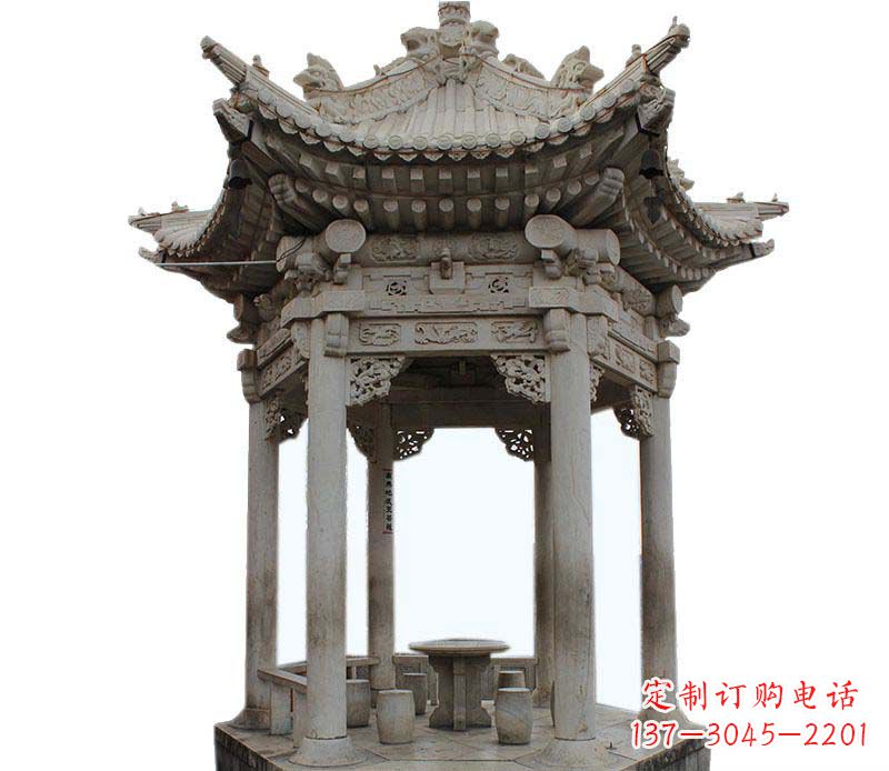 龙岩精美仿古六角凉亭石雕