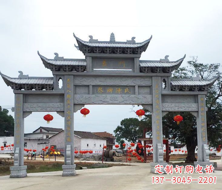 龙岩仿古三门牌坊石雕 (5)