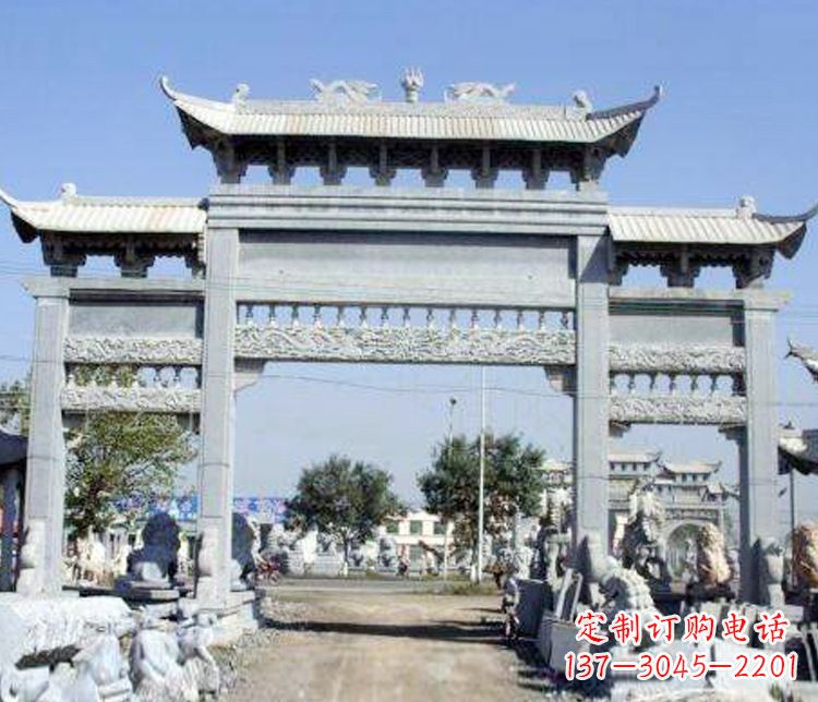 龙岩仿古三门牌坊石雕 (9)