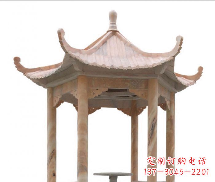 龙岩美丽而优雅的公园晚霞红六角石凉亭雕塑