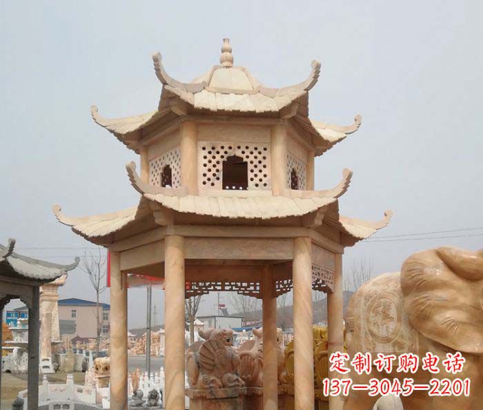 龙岩红双层六角石凉亭雕塑