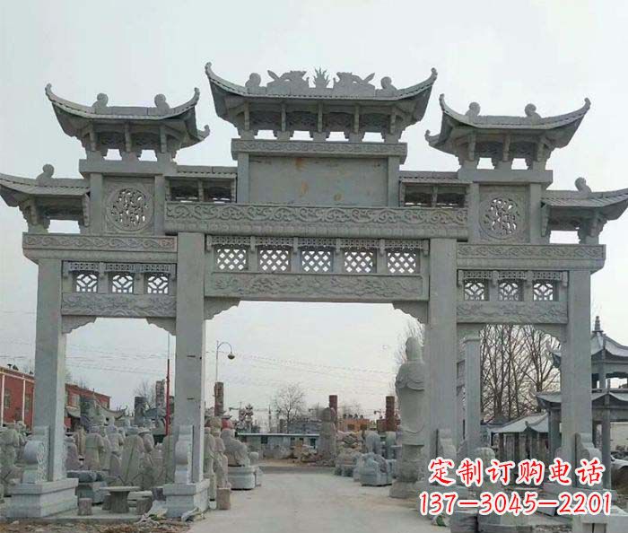 龙岩三门牌坊石雕,精美汉风石雕装饰景区