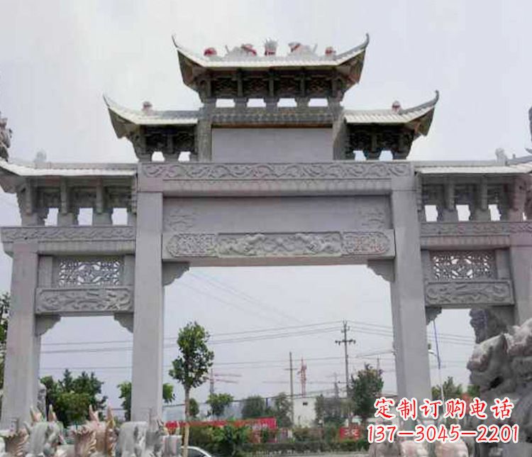 龙岩中领雕塑-三门牌坊大理石石雕