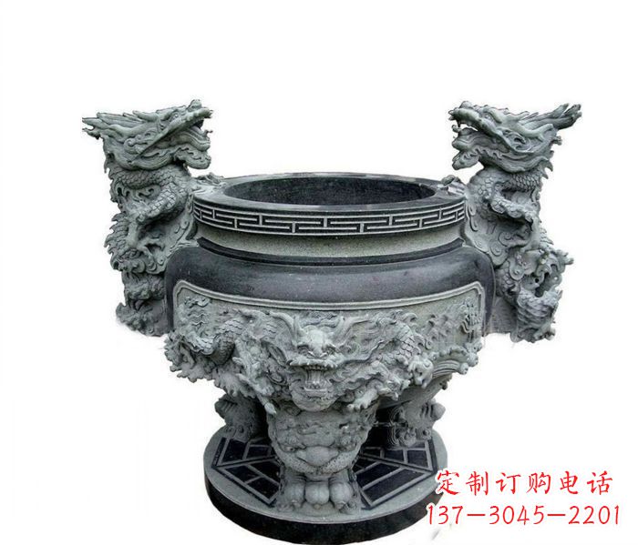 龙岩寺庙景观龙头水缸石雕 (2)
