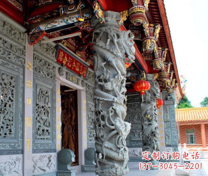 龙岩寺庙景观龙柱石雕