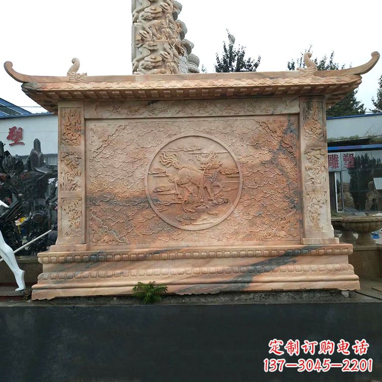 龙岩晚霞红麒麟影壁墙石雕