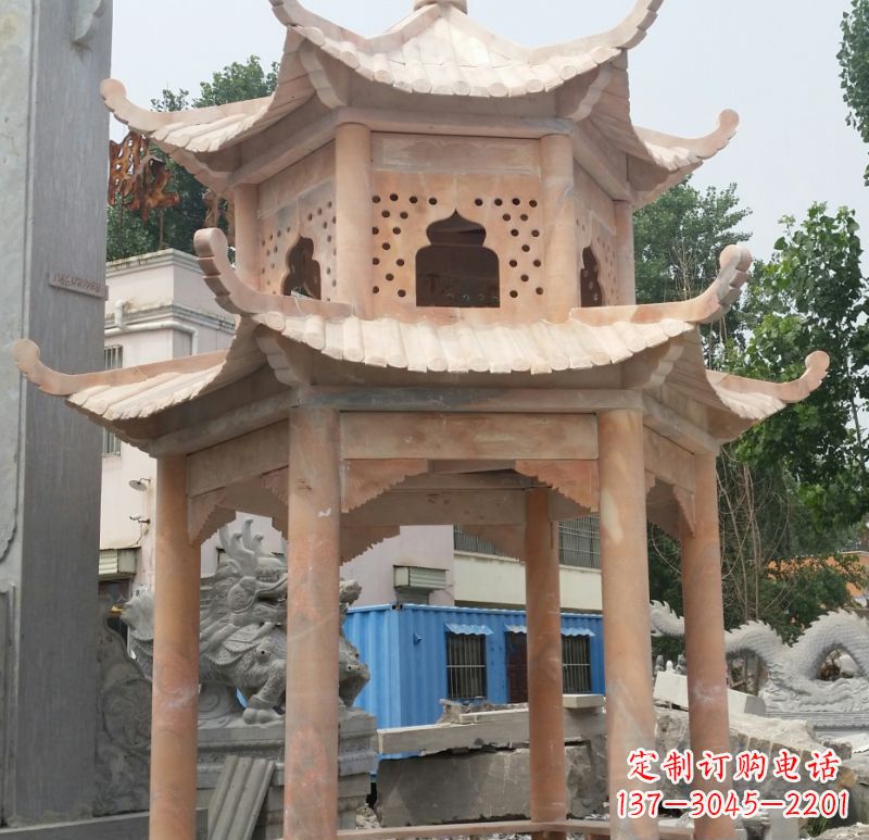 龙岩晚霞红双层六角凉亭石雕 (2)