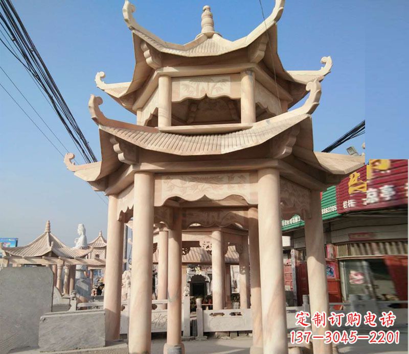 龙岩晚霞红双层六角凉亭石雕 (3)