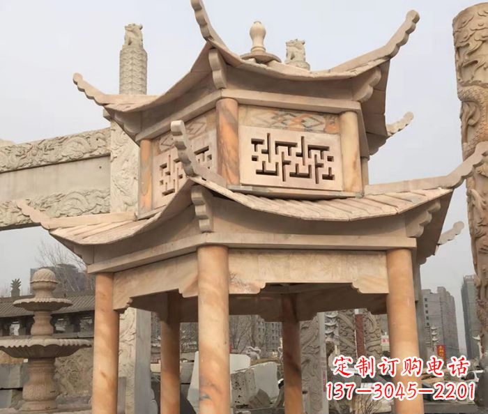 龙岩晚霞红双层石雕凉亭