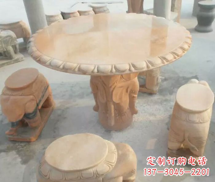 龙岩晚霞红小象桌凳别墅石雕 (2)
