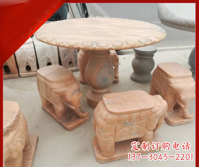 龙岩晚霞红小象桌凳别墅石雕 (5)