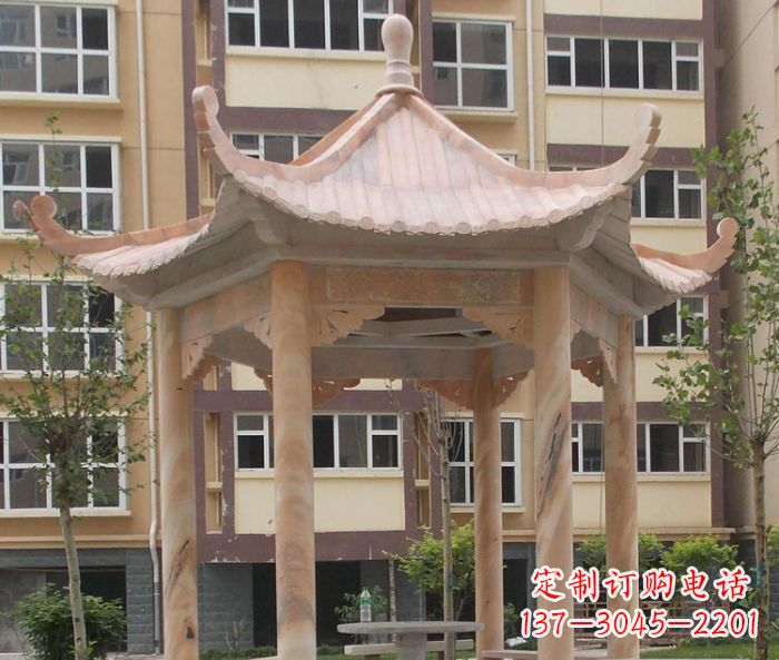 龙岩小区晚霞红六角凉亭石雕