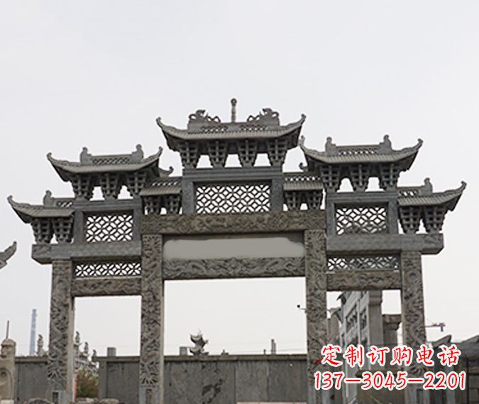 龙岩园林仿古三门牌坊石雕 (4)