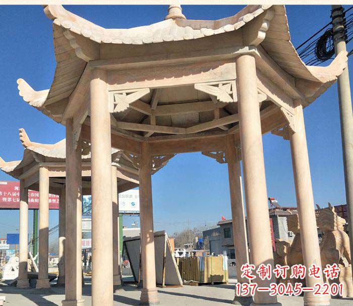 龙岩园林景观晚霞红六角石雕凉亭 (2)