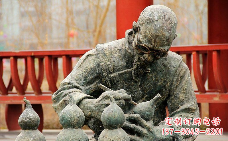 龙岩园林在葫芦上刻字的老人小品铜雕